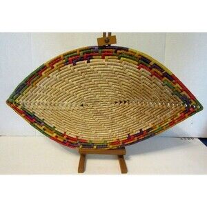 Coiled Woven Raffia Mat Vintage Hand Made Basket Art 20 x 11 Wrapped Weave